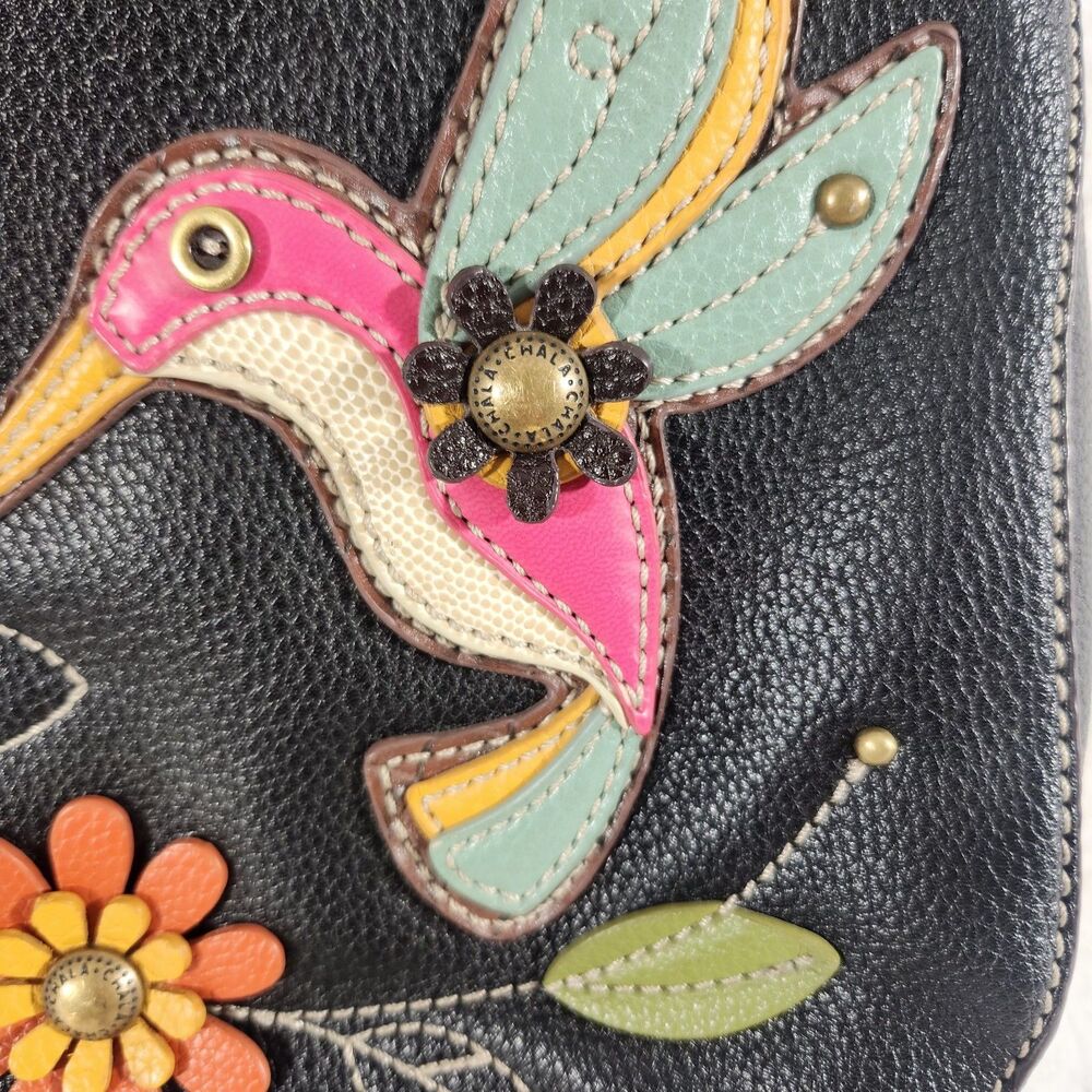 New Chala Messenger Crescent Crossbody Purse Bag Pleather HUMMINGBIRD Black gift - Picture 2 of 7